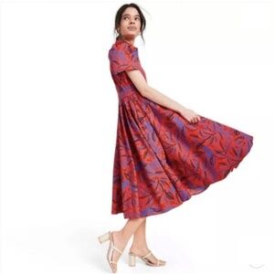 Alexis X Target Midi Shirtdress, sz Medium. Tropical leaf red orange dress fern